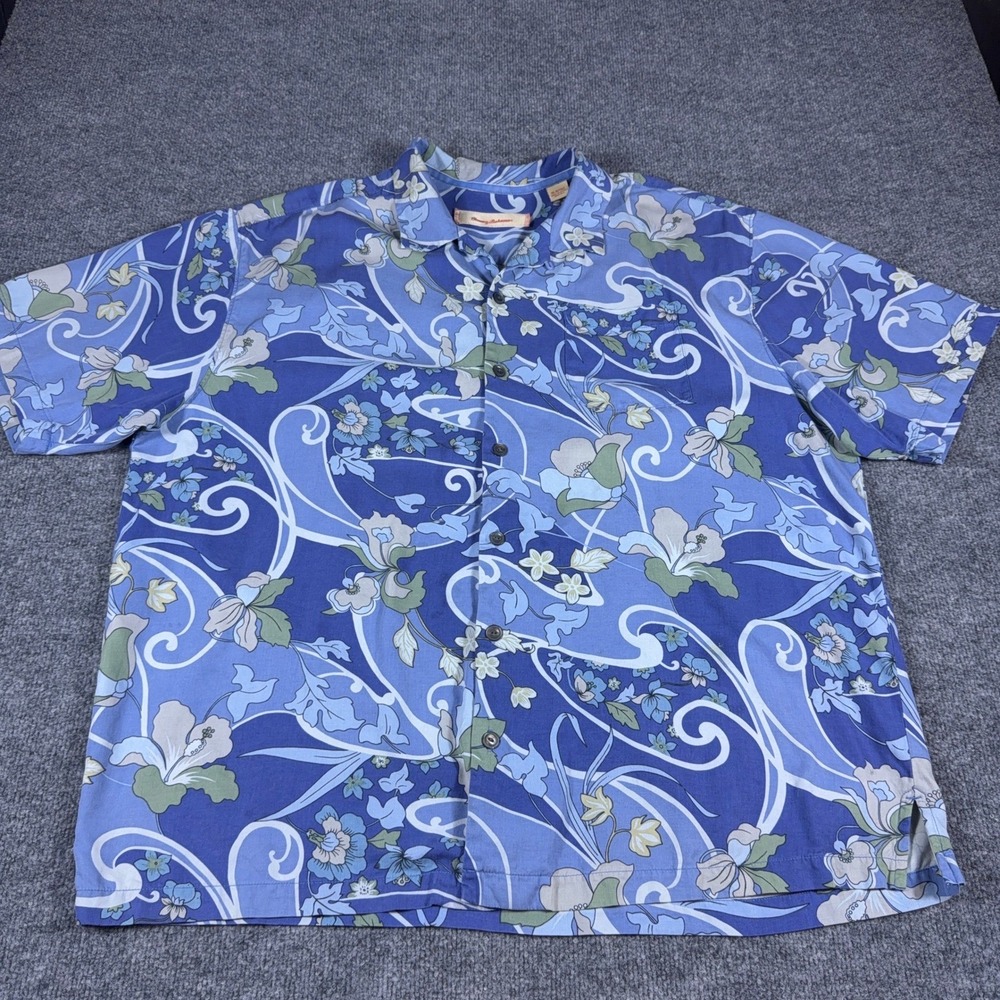 Tommy Bahama Mens XL Blue Floral 100% Silk Short Sleeve Button Shirt